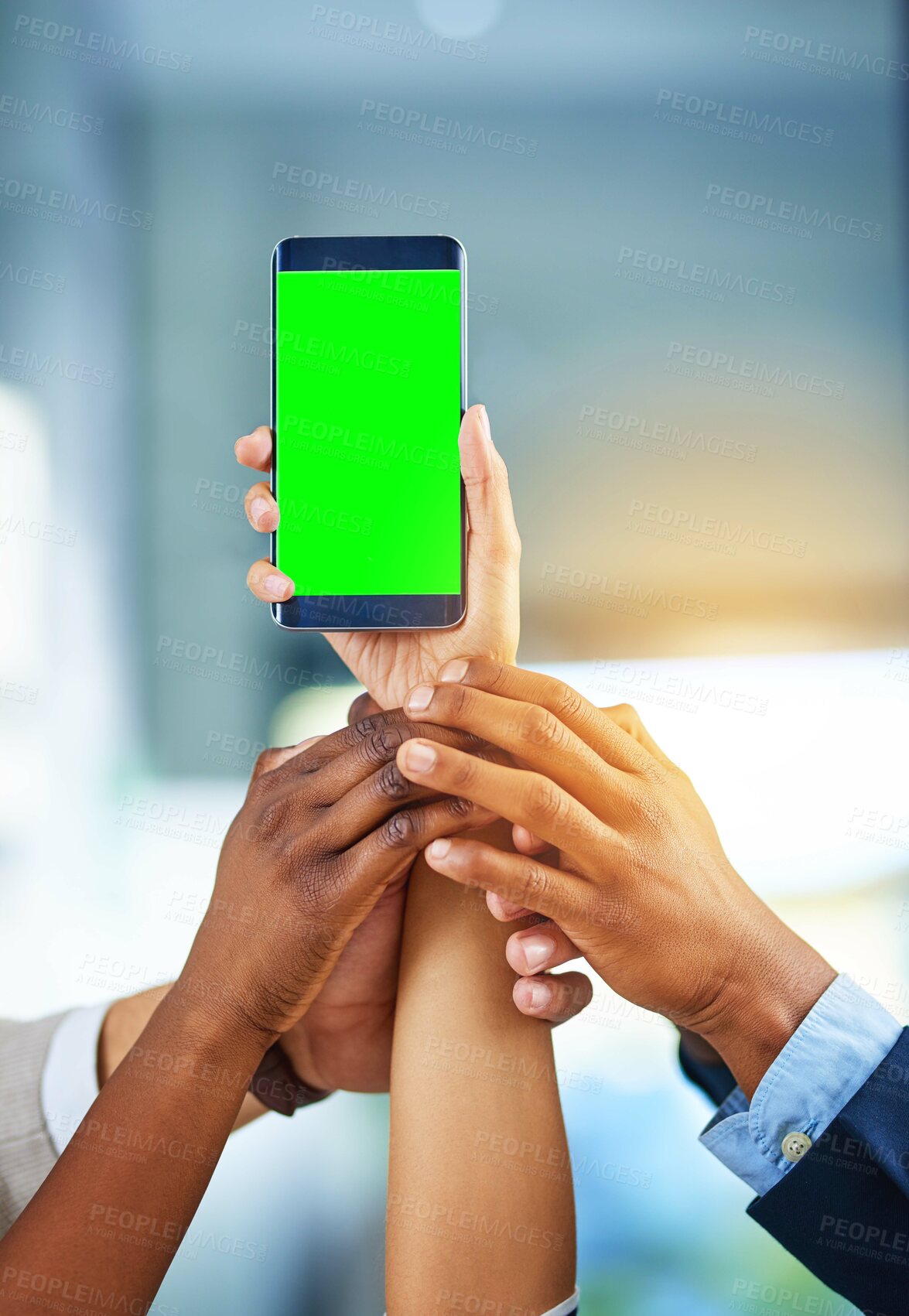 Buy stock photo Group, hands and green screen with mobile phone for announcement, advertising or success. Business people, community and positive for support with technology, mockup space and team building in office