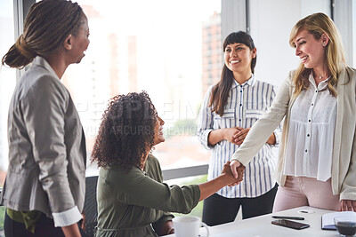 Buy stock photo Handshake, collaboration and businesswomen with smile, group and happy with achievement and office. Holding hands, thank you and success of teamwork, ombudsman and agreement of corporate people