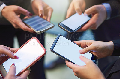 Buy stock photo Group, business people and hands with screen for phone, digital marketing and social network in office. Above, teamwork and employees with mobile mockup for advertising, download app or scroll online