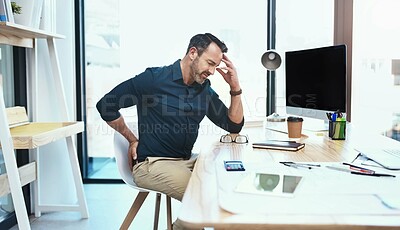 Buy stock photo Businessman with stress, back pain and headache in the office while working on a project. Medical emergency, healthcare and mature professional employee with a migraine and sprain muscle in workplace