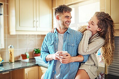 Buy stock photo Morning, coffee or happy couple laughing in kitchen for love with support, smile or soulmate partner. Drinking tea, home or people bonding in relationship together for funny joke, romance or humor