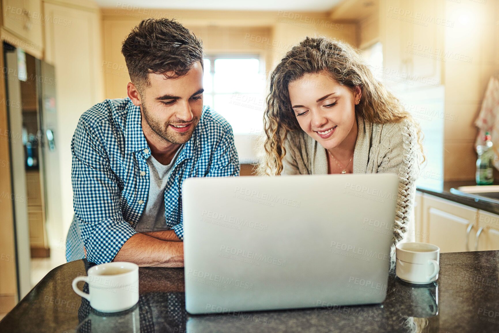 Buy stock photo Smile, morning and couple on laptop in kitchen for internet banking, online shopping or credit score. Man, woman and computer in home for reading news, blog or check account to plan budget together