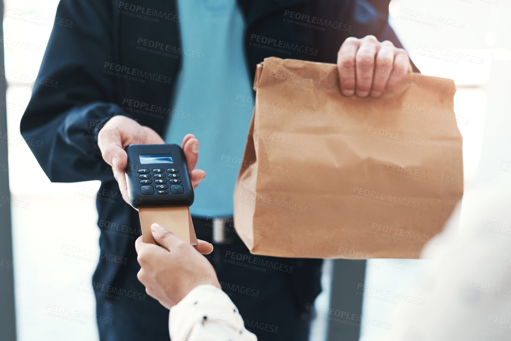 Buy stock photo Delivery man, hands and machine with credit card for payment of takeaway, fast food parcel and package. Courier, service and customer with easy transaction for online order, distribution or paper bag