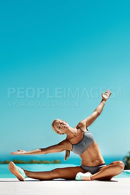 Buy stock photo Pool, woman and freedom for stretching with fitness, increase flexibility and prepare for training. Mockup space, female person and exercise with warm up for wellness, arms and challenge by blue sky