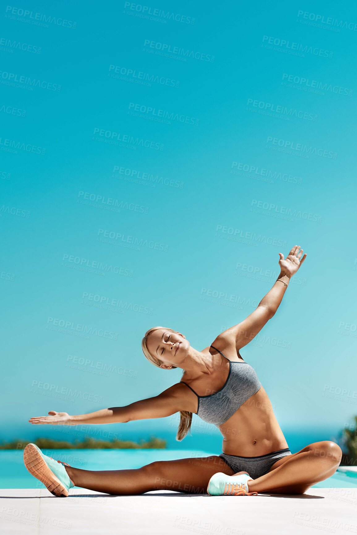 Buy stock photo Pool, woman and freedom for stretching with fitness, increase flexibility and prepare for training. Mockup space, female person and exercise with warm up for wellness, arms and challenge by blue sky