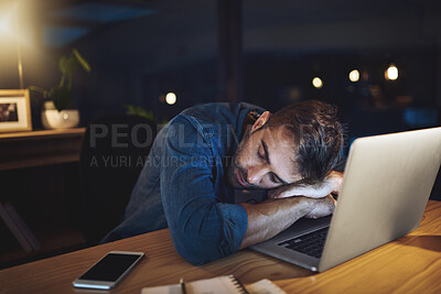 Buy stock photo Man, tired and sleeping at night in office with laptop, burnout and overtime with deadline at startup. Person, exhausted and fatigue by computer with rest, dream and break with job at creative agency