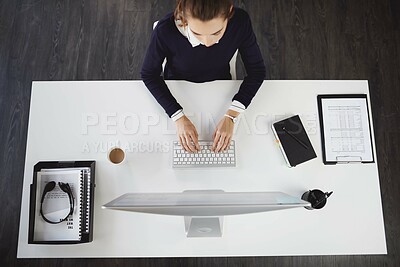 Buy stock photo Above, business and woman with computer in office for communication, company schedule and reading email. Girl, online and administration for legal report, financial feedback and data entry of project