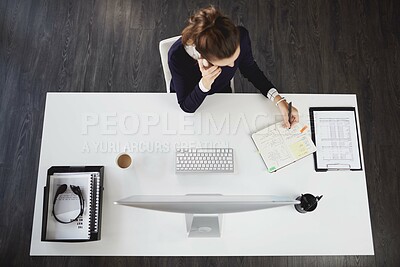 Buy stock photo Above, woman and phone call with notebook in office for information, company schedule and agenda notes. Girl, writing and administration with computer for kpi report, data entry and project update