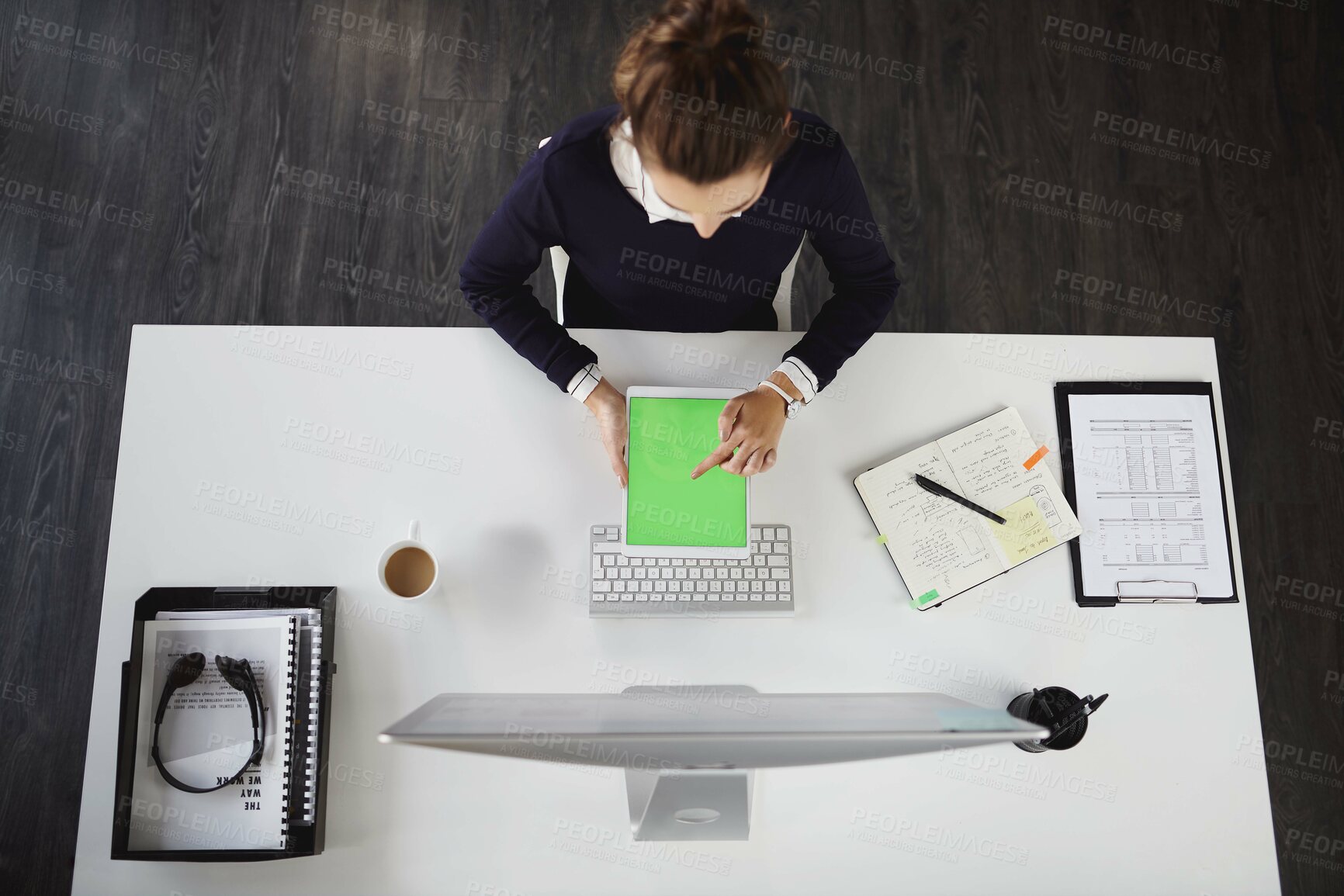 Buy stock photo Above, business and woman with tablet in office for communication, social media and texting contact. Girl, mockup space and typing on digital with networking, information and feedback for proposal