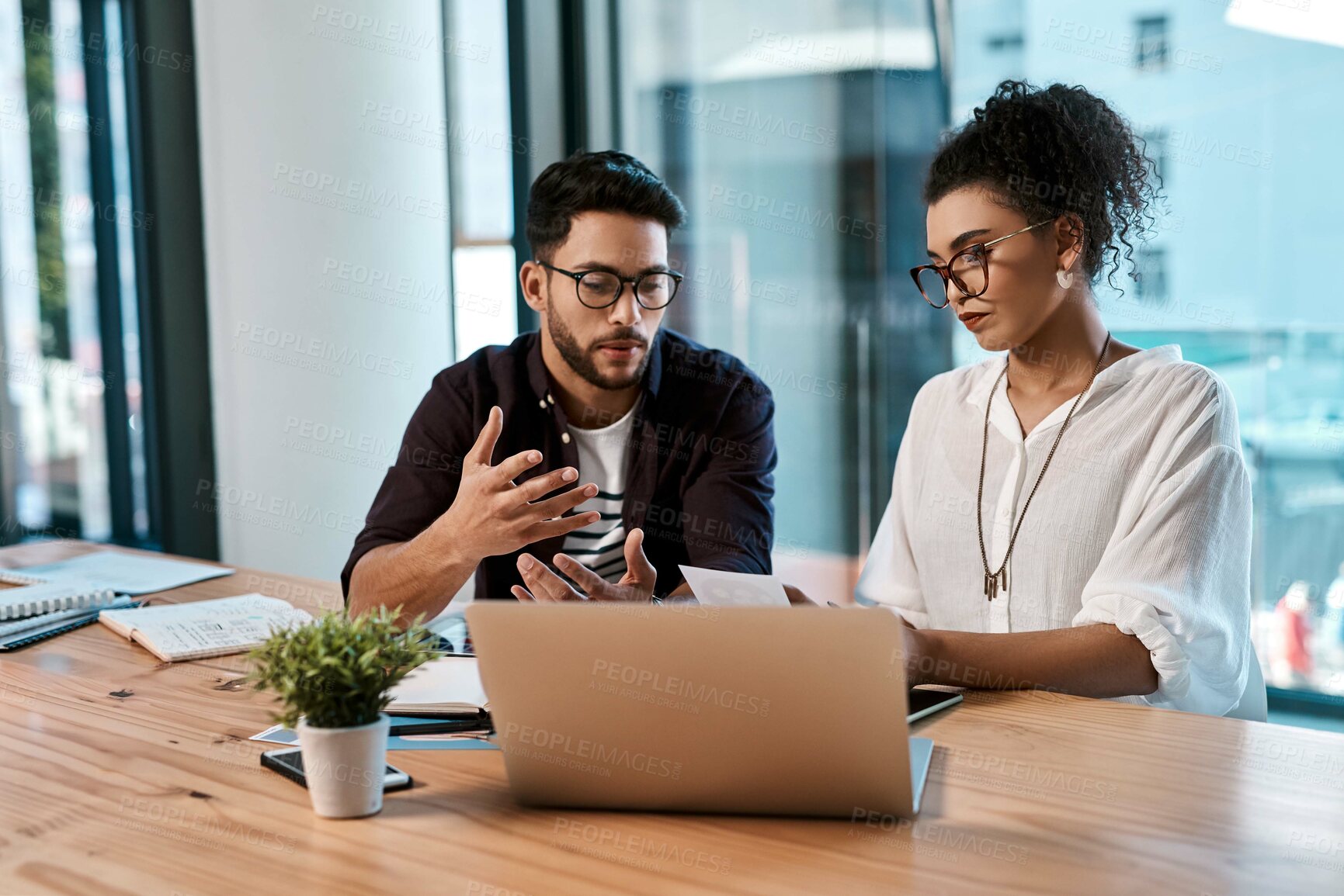 Buy stock photo Office, laptop and colleagues with glasses, collaboration and together for working in project online. Workplace, woman and man with teamwork, photo editor and digital for planning or business