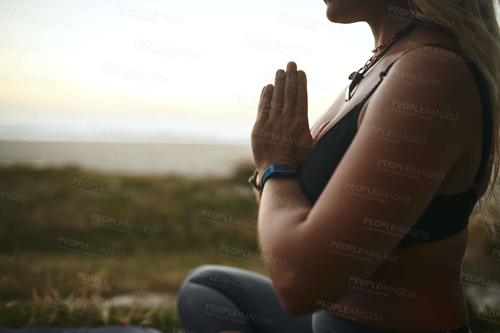 Buy stock photo Yoga, prayer hands and person in nature for meditation, spiritual healing and calm to align chakra at space. Woman, posture and outdoor for pilates with zen, mental health balance and stress relief