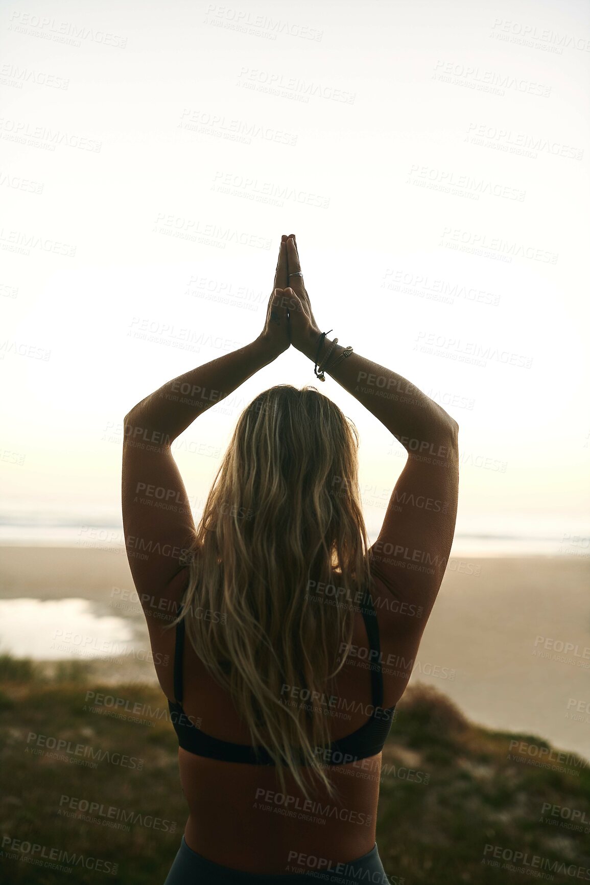 Buy stock photo Back, beach and woman with namaste for yoga, wellness and inner peace for mindfulness outdoor. Nature, female person and yogi with prayer hands to meditate, mental health and zen for holistic energy