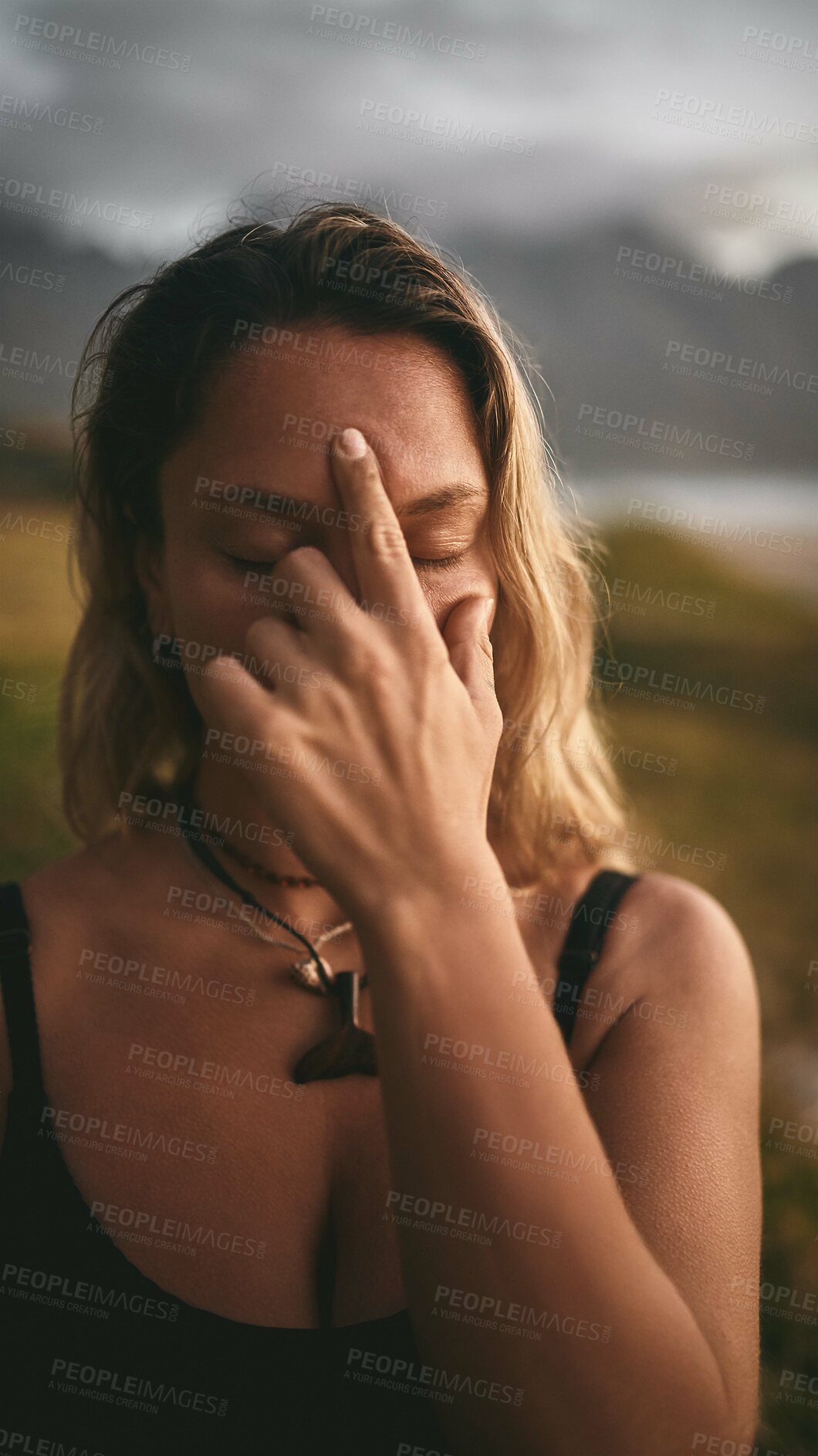 Buy stock photo Woman, yoga and meditation for fitness, spiritual and calm with mind, third eye and self care. Female person, yogi and exercise in nature for health, chakra and zen with mindfulness or inner peace