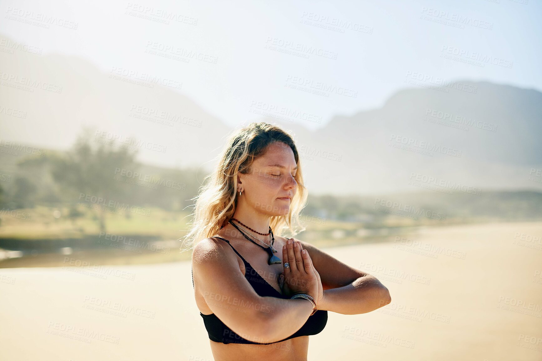 Buy stock photo Namaste, meditation and woman on beach with peace, health or wellness for holistic outdoor care. Zen, relax and girl at ocean for mindfulness, calm practice and yoga in nature for spiritual wellbeing