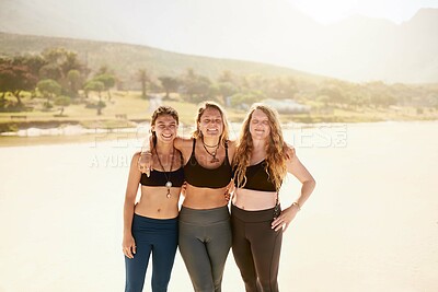 Buy stock photo Beach, portrait and girl friends with yoga exercise for bonding, balance and wellness together. Happy, fitness and women from Australia hugging with outdoor pilates workout for health and peace.