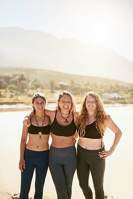 Buy stock photo Beach, portrait and girl friends with pilates exercise for bonding, balance and wellness together. Happy, fitness and women from Australia hugging with outdoor yoga workout for health and peace.