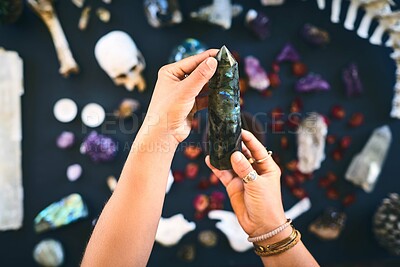 Buy stock photo Hands, above and person with crystals, faith and natural minerals, reiki and health with spirit rock. Closeup, gem and energy stone with rose quartz, spiritual and synergy with occult and geology