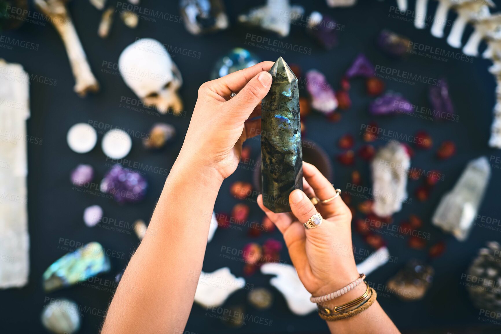 Buy stock photo Hands, above and person with crystals, faith and natural minerals, reiki and health with spirit rock. Closeup, gem and energy stone with rose quartz, spiritual and synergy with occult and geology