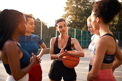 Buy stock photo Group, huddle and women with basketball, outdoor and energy for sport, friends and together with ball. Fitness, game plan and team in weekend, training and practice for competition and people