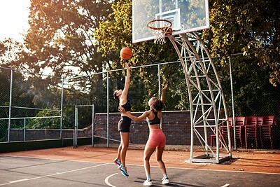 Buy stock photo Basketball court, women and shooting for sports, competition and game training with practice. Fitness, people and athlete for exercise, workout and community with playing, teamwork and performance