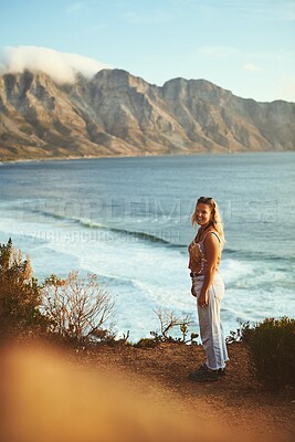 Buy stock photo Happy woman, mountain and ocean for portrait, travel and tropical holiday outdoor with peace on weekend. Female person, nature and smile for relax, trip and vacation with sunshine, calm and adventure