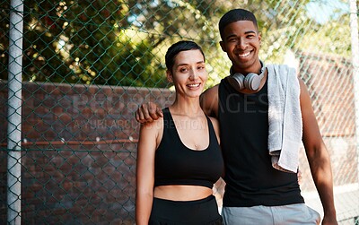 Buy stock photo Happy, fitness and portrait with interracial couple on court for sports training, health and teamwork. Workout, personal trainer and exercise with man and woman for wellness, summer and performance