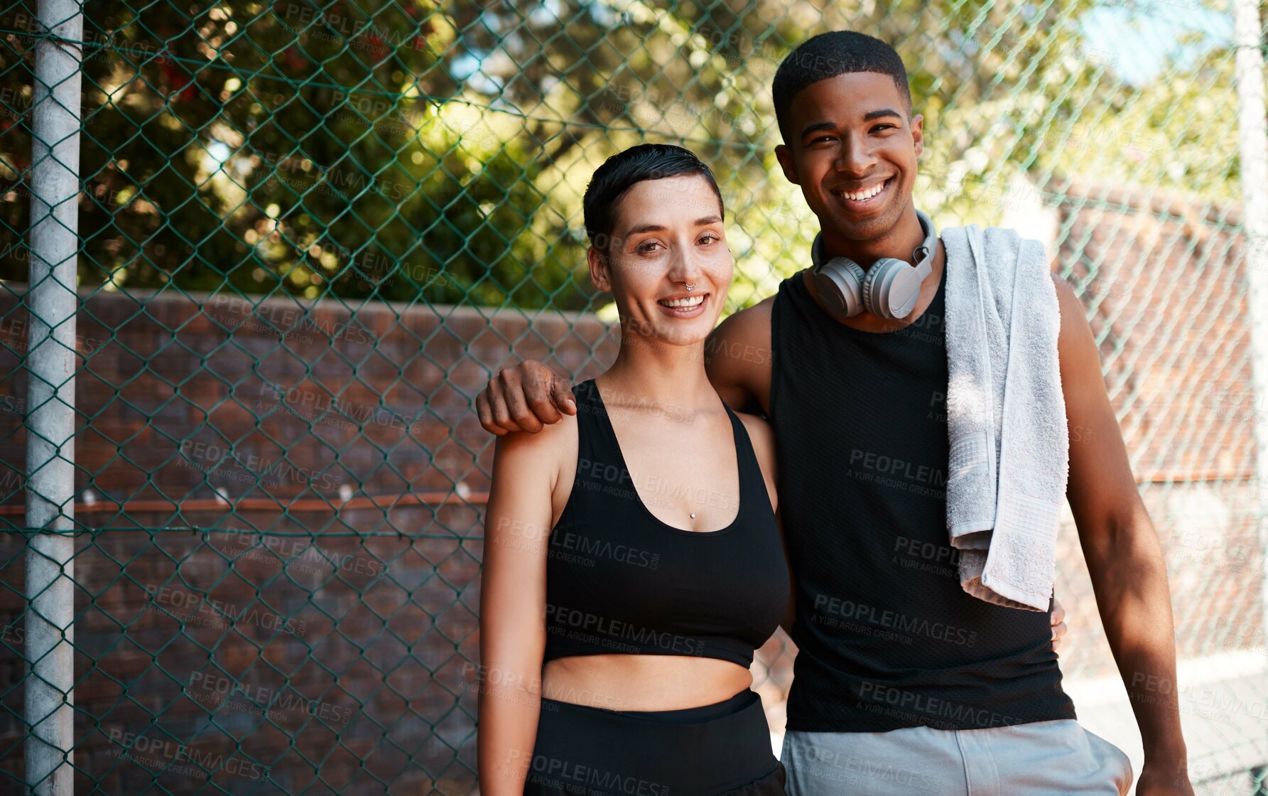 Buy stock photo Happy, fitness and portrait with interracial couple on court for sports training, health and teamwork. Workout, personal trainer and exercise with man and woman for wellness, summer and performance