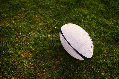 Buy stock photo Grass, rugby and sports with ball on field from above for competition, game or performance. Exercise, fitness object and training with equipment for match outdoor on pitch for challenge or skill