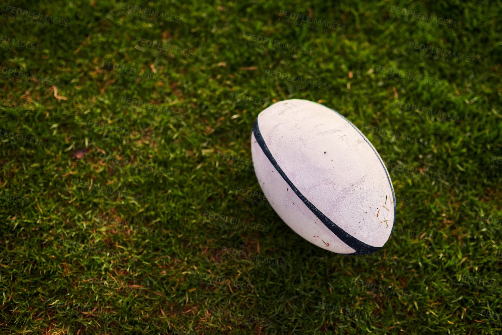 Buy stock photo Grass, rugby and sports with ball on field from above for competition, game or performance. Exercise, fitness object and training with equipment for match outdoor on pitch for challenge or skill