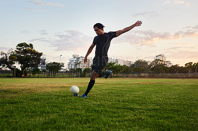 Buy stock photo Rugby, man and kick for performance, outdoor and game in stadium, match and player for competition. Professional, field and person with goals, campion and fitness of athlete, mockup and football