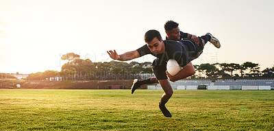 Buy stock photo Rugby, team and men tackle at field for game, competition and training banner outdoor. Sport, challenge and block strong player with ball in match for defense action, fight and fitness at sunset