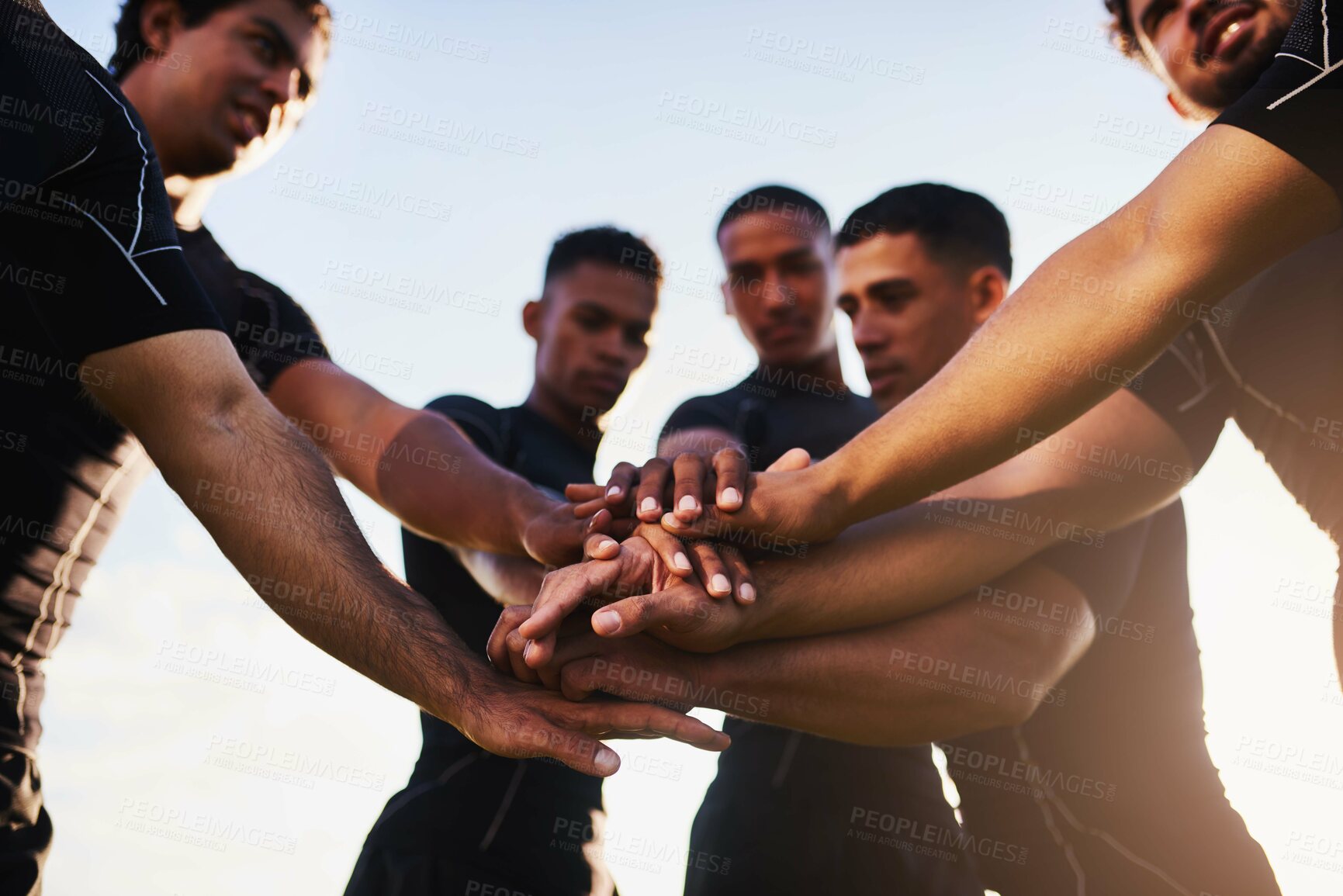 Buy stock photo Rugby, team and hands together for huddle, motivation and game field for match preparation or competition plan. Sports, fitness and group of men outdoor with grass, club and practice with exercise