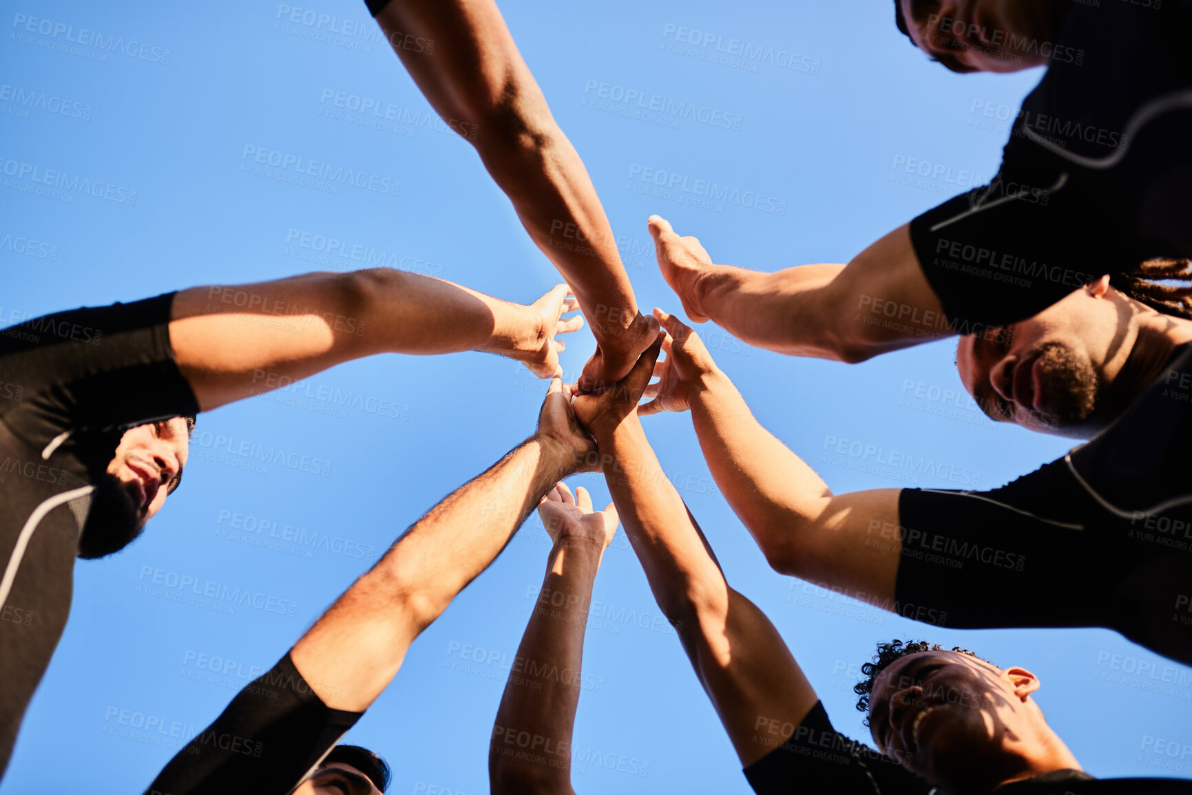 Buy stock photo Rugby, men and hands together for huddle, motivation and game field for match preparation or competition plan. Sports, fitness and below team group outdoor with grass, club and practice with exercise