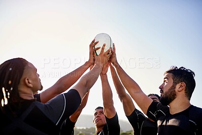 Buy stock photo Men, team and rugby ball for outdoor, sports and challenge with exercise, wellness and fitness. Male people, athlete and recreation facility as group for match, games and training in stadium or arena