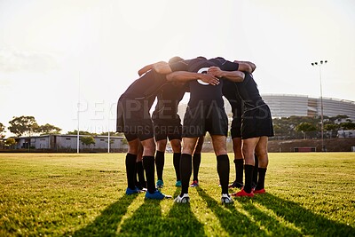 Buy stock photo Rugby, team and discussion together for huddle, motivation and game field for match preparation. Sports, fitness and group of men outdoor with competition planning, club and practice with exercise