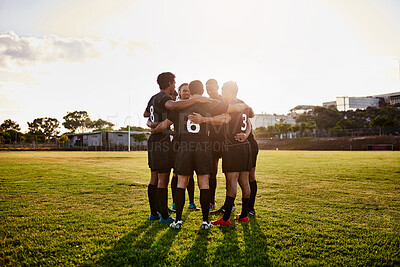 Buy stock photo Rugby, men and hug together for huddle, motivation and game field for match preparation or competition plan. Sports, fitness and team group outdoor with grass, club and practice with exercise