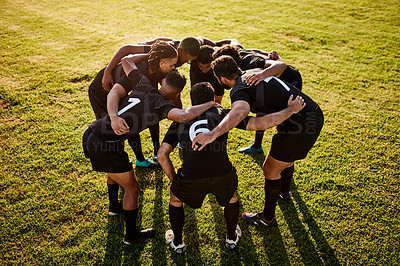 Buy stock photo Rugby, team and talking together for huddle, motivation and game field for match preparation. Above sports, fitness and group of men outdoor with competition planning, club and practice with exercise