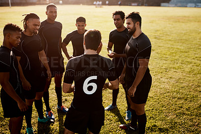 Buy stock photo Rugby, team and together for exercise discussion, motivation and game field for match preparation. Sports, fitness and group of men outdoor with competition planning, club and practice workout