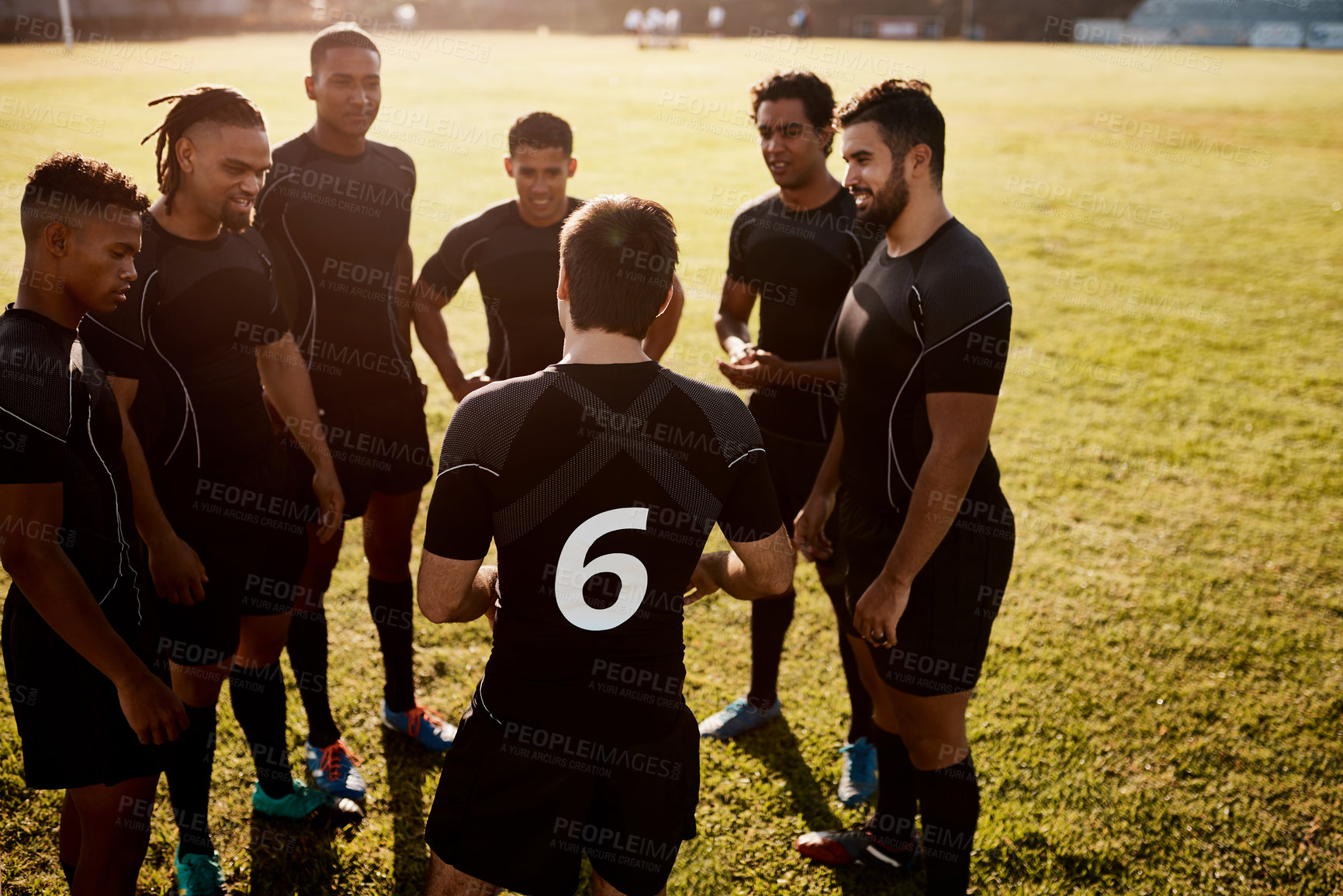 Buy stock photo Rugby, team and together for exercise discussion, motivation and game field for match preparation. Sports, fitness and group of men outdoor with competition planning, club and practice workout