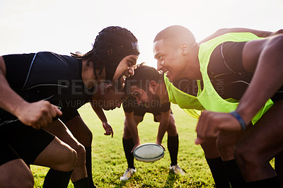 Buy stock photo Men, team and rugby ball for scrum, outdoor and challenge in exercise, wellness and fitness. Male people, athlete and recreation facility as group for match, sports and training in stadium or arena