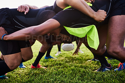 Buy stock photo Men, group and rugby ball for scrum, outdoor and challenge in exercise, wellness and fitness. Male people, athlete and recreation facility as team for match, sports and training in stadium or arena