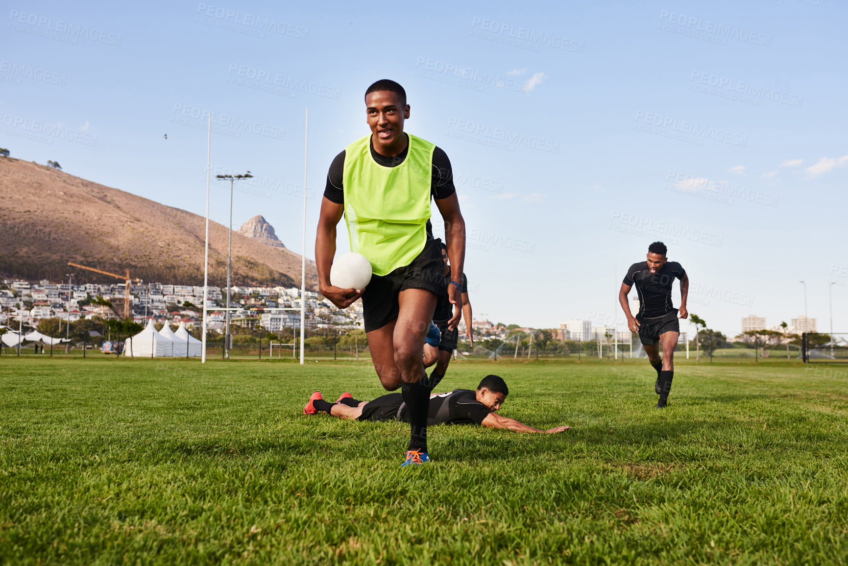 Buy stock photo Practice, rugby and men running for ball on field for match, fitness and game in tournament competition. Team, fast and players playing sports on pitch for speed exercise, training or performance