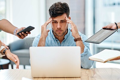 Buy stock photo Frustrated businessman, stress or overworked with laptop in anxiety, depression or multitasking at office. Young, man or overwhelmed employee with headache, colleagues or hands for pressure or demand