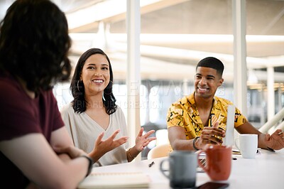 Buy stock photo Discussion, research and team director planning project with coffee, collaboration and ideas. Teamwork, diversity and happy business people for creative, working and presentation in meeting in office