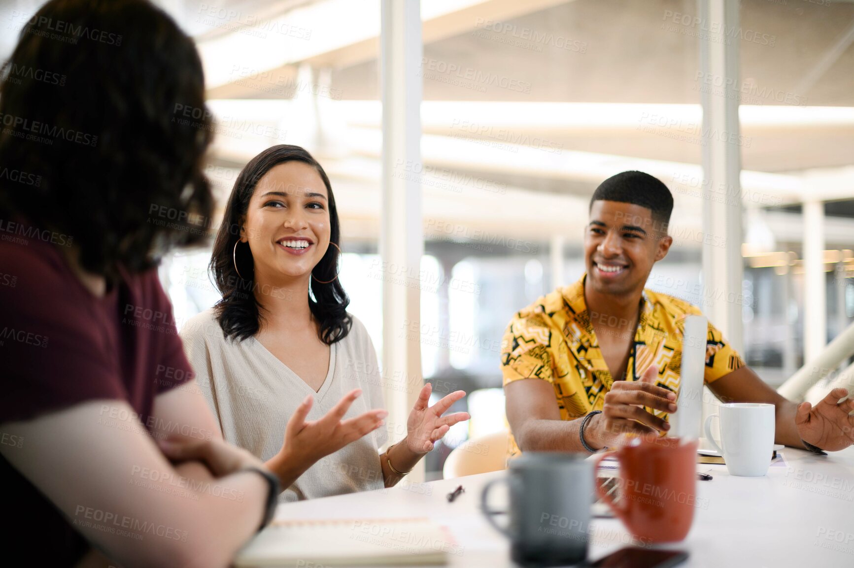 Buy stock photo Discussion, research and team director planning project with coffee, collaboration and ideas. Teamwork, diversity and happy business people for creative, working and presentation in meeting in office