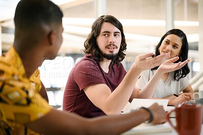 Buy stock photo Collaboration, ideas and team director planning project with coffee, discussion and research. Teamwork, diversity and happy business people for creative, working and presentation in meeting in office