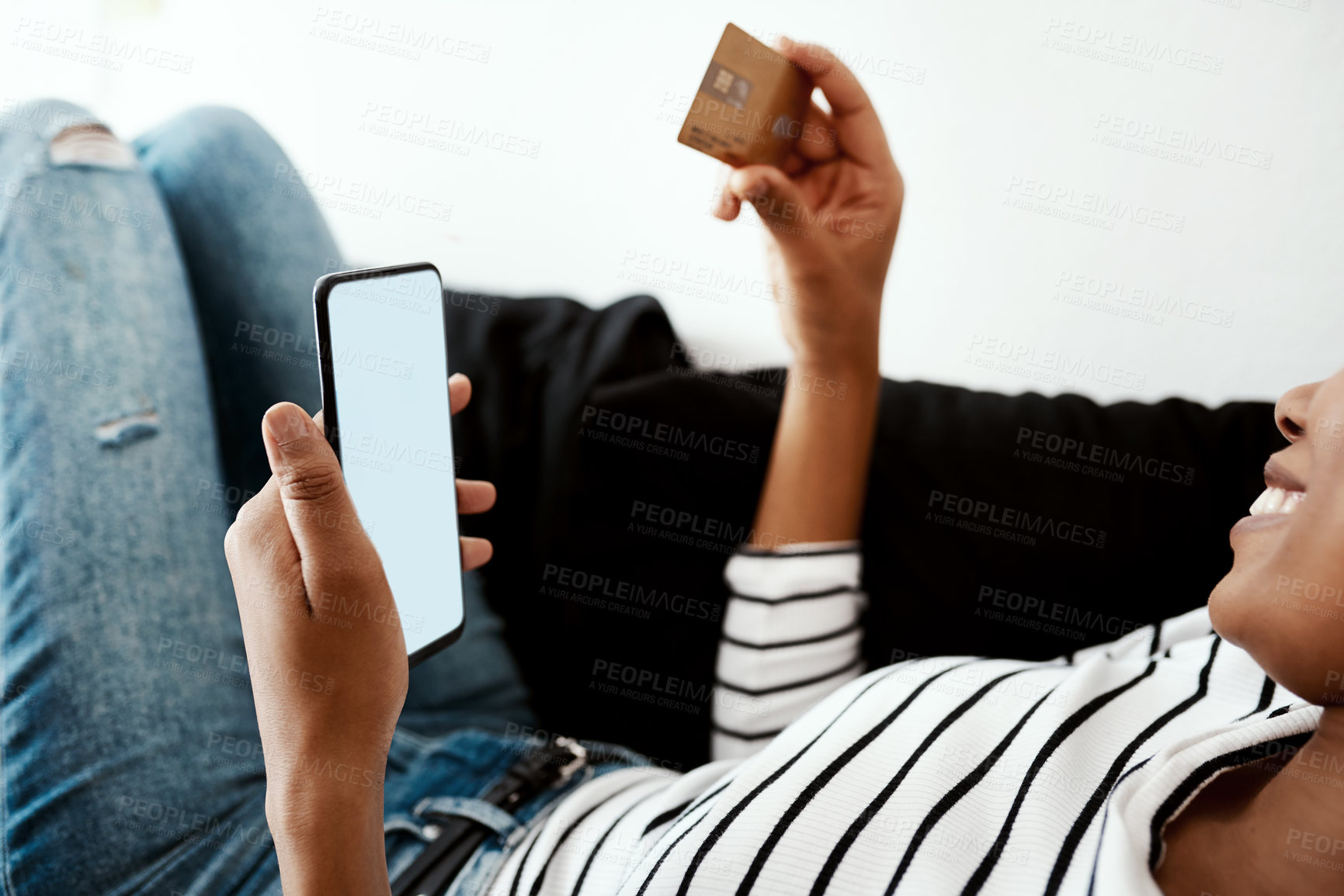 Buy stock photo Credit card, phone and woman on sofa for online shopping, internet purchase and payment in home. Ecommerce, fintech and happy person relax with smartphone for website, savings and banking in house