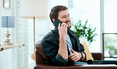 Buy stock photo Phone call, laughing and man in living room, home and communication with date, chilling and relax on couch. Lounge, rest and conversation with contact, talking and break in weekend and smartphone