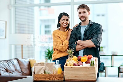 Buy stock photo Grocery, vegetables and portrait with couple in house for inflation, shopping and supermarket deal. Nutrition, food and wellness with man and woman at home for consumer, fruit and store savings