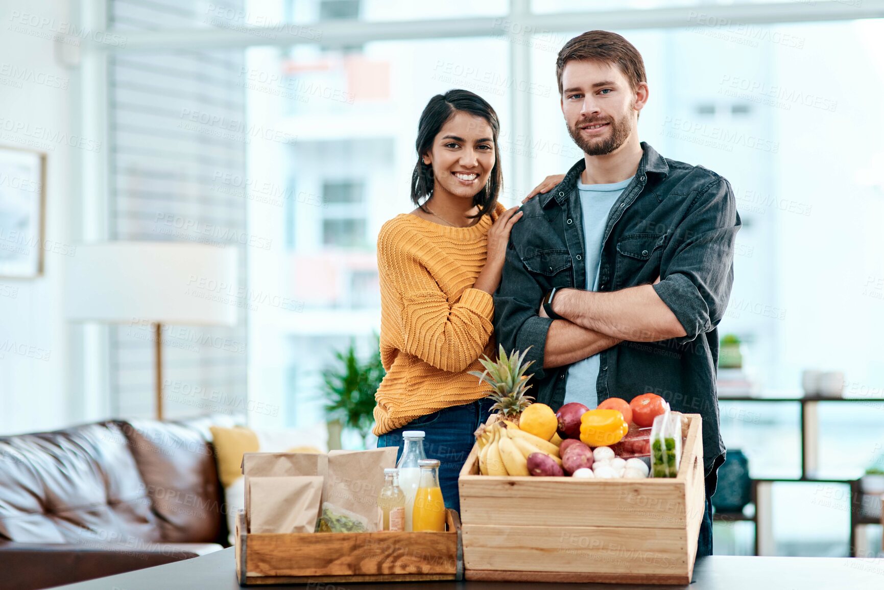 Buy stock photo Grocery, vegetables and portrait with couple in house for inflation, shopping and supermarket deal. Nutrition, food and wellness with man and woman at home for consumer, fruit and store savings